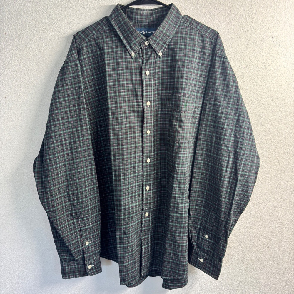 Ralph Lauren Mens XXL Classic Fit Plaid Button Down Shirt Green Red Long Sleeve